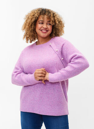 Melange knit sweater with pearl buttons, Purple Mel., Model image number 0