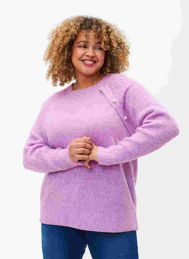 Melange knit sweater with pearl buttons, Purple Mel., Model