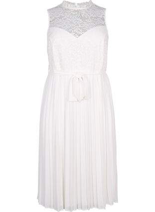 Sleeveless dress with lace and pleats, Bright White, Packshot image number 0