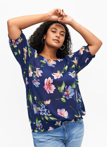 Floral blouse with smocking, Blueprint Flower AOP, Model image number 0