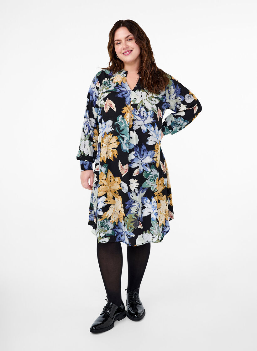 Long-sleeved dress with floral print, Yellow Flower AOP, Model image number 2
