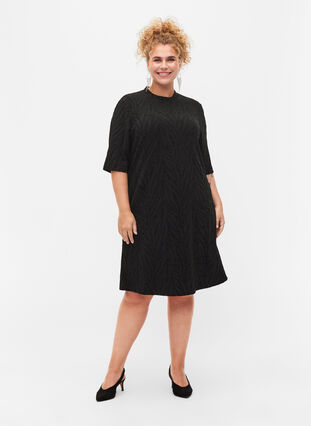 Patterned dress with glitter and short sleeves, Black/Black Lurex, Model image number 2