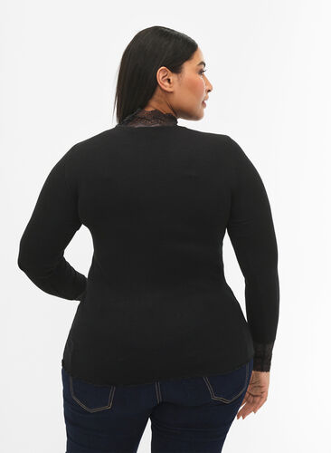Ribbed viscose blouse with lace, Black, Model image number 1