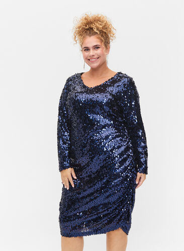 Dress with sequins and v-neckline, Evening Blue, Model image number 0
