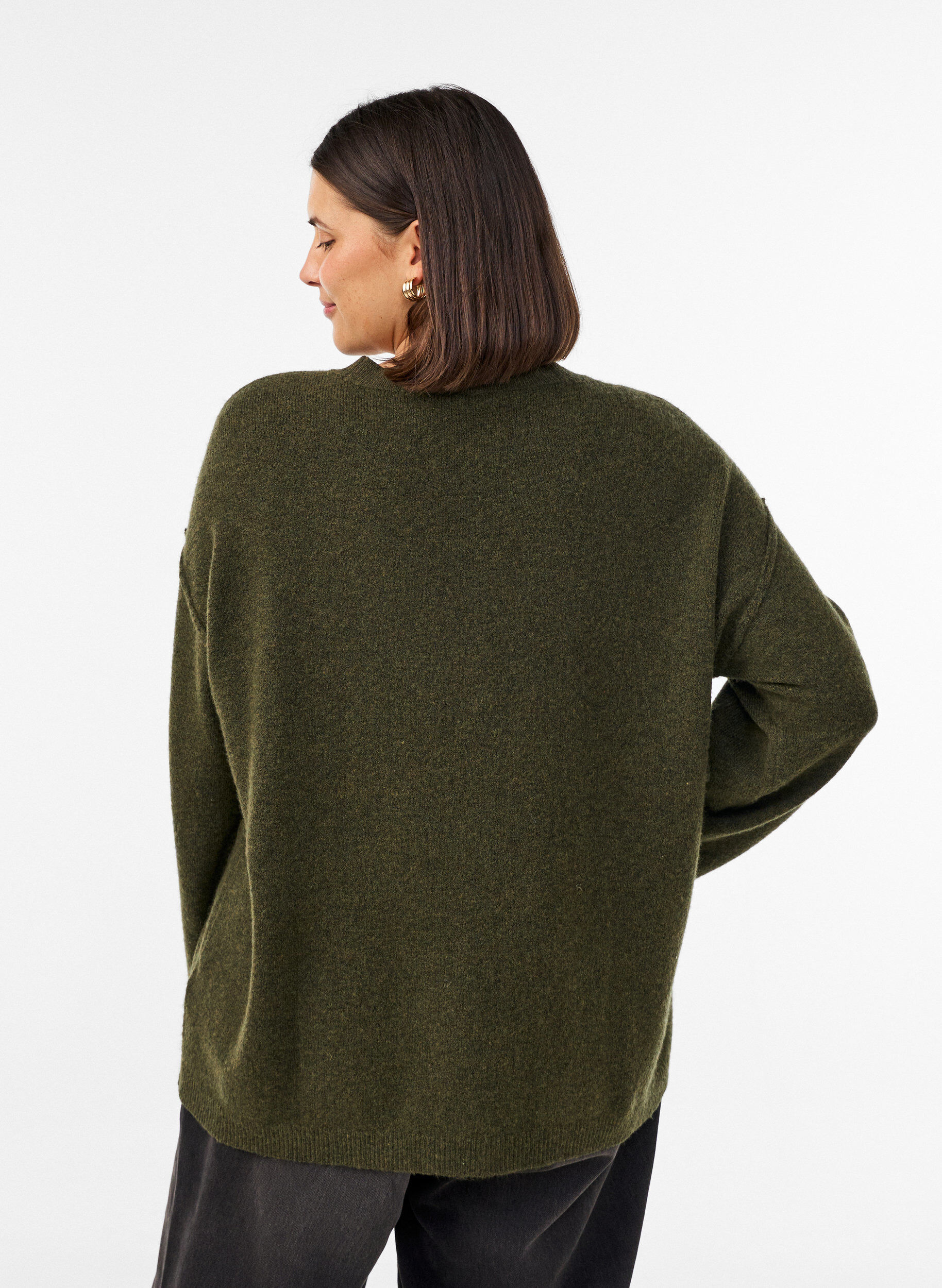ZizzifashionLoose knit sweater with prominent seams, Green, Model image number 2