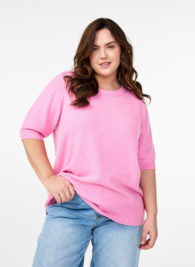 Knitted blouse with short sleeves, Pink, Model image number 0