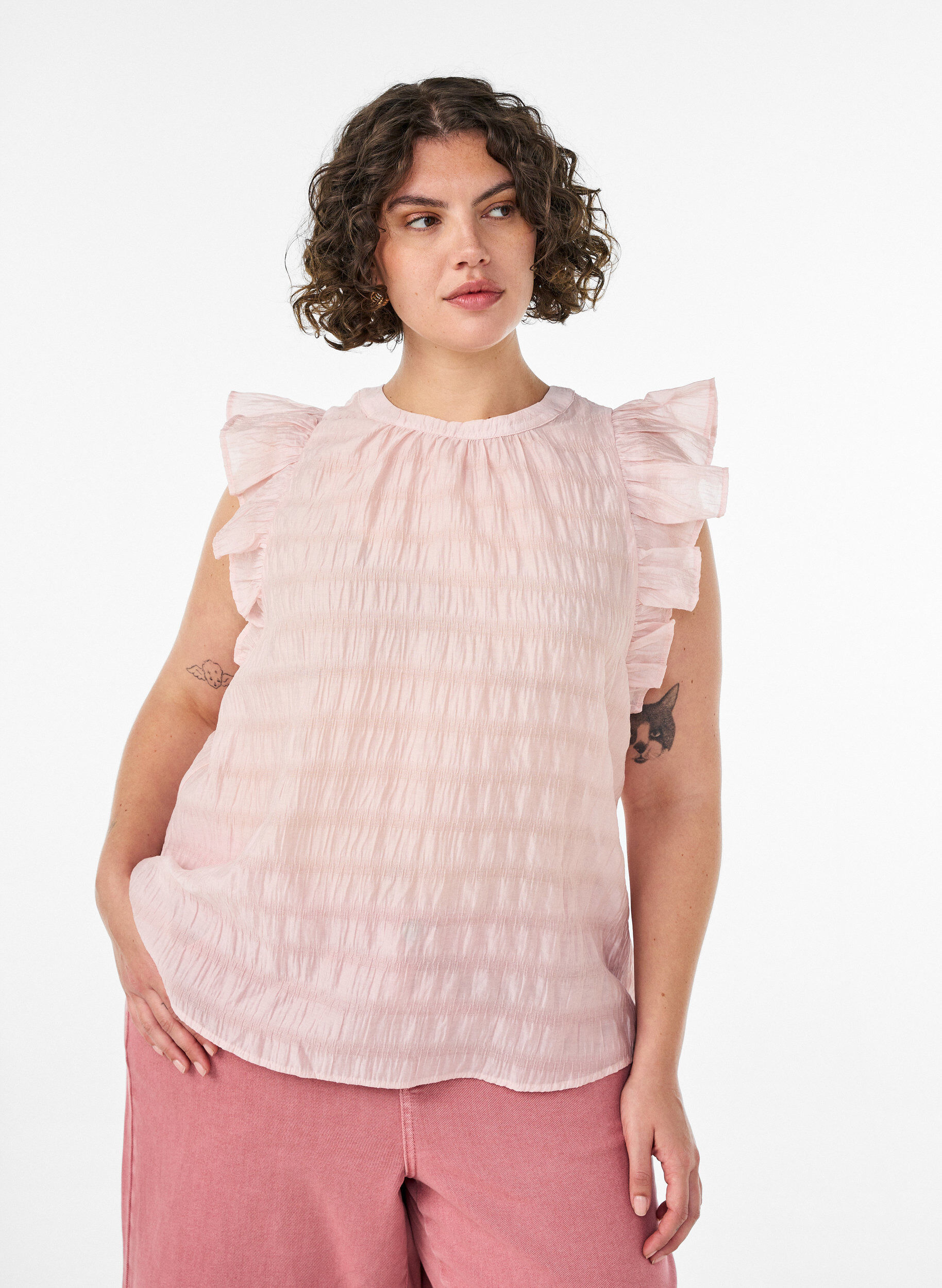 ZizzifashionSleeveless blouse with texture and ruffles, Rose, Model image number 0