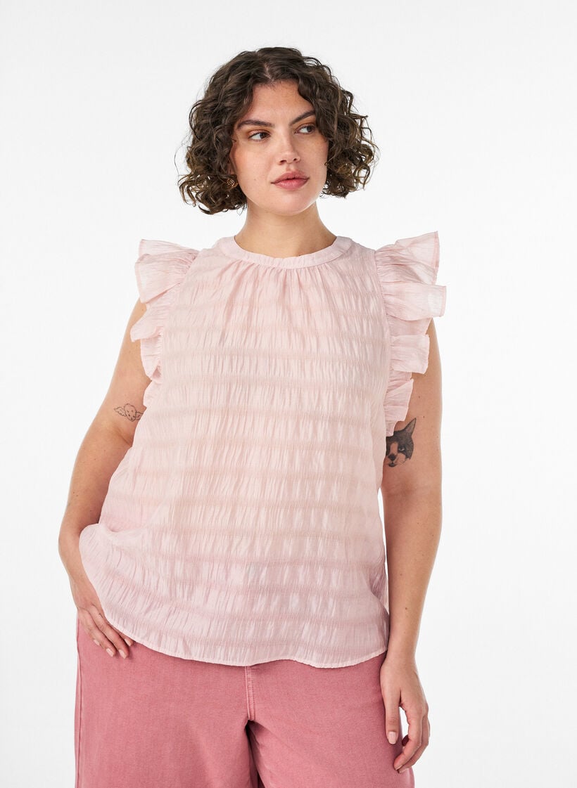 Sleeveless blouse with texture and ruffles, Rose, Model image number 0