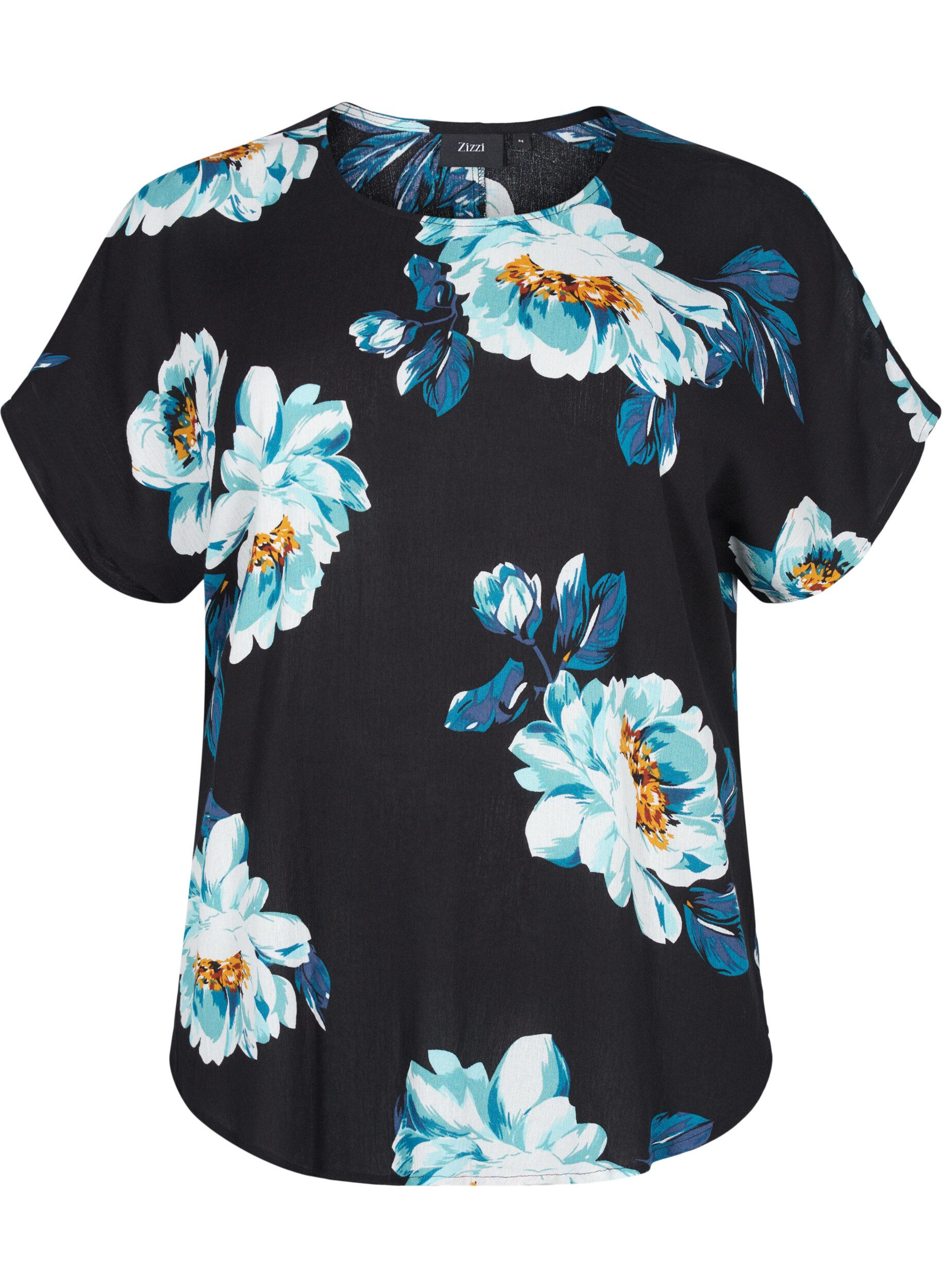 Zizzifashion Short-sleeved viscose blouse with a floral print, Black Big Flower, Packshot image number 0