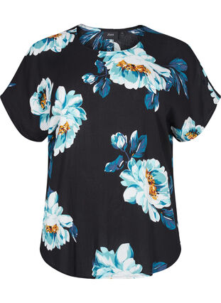 Short-sleeved viscose blouse with a floral print, Black Big Flower, Packshot image number 0