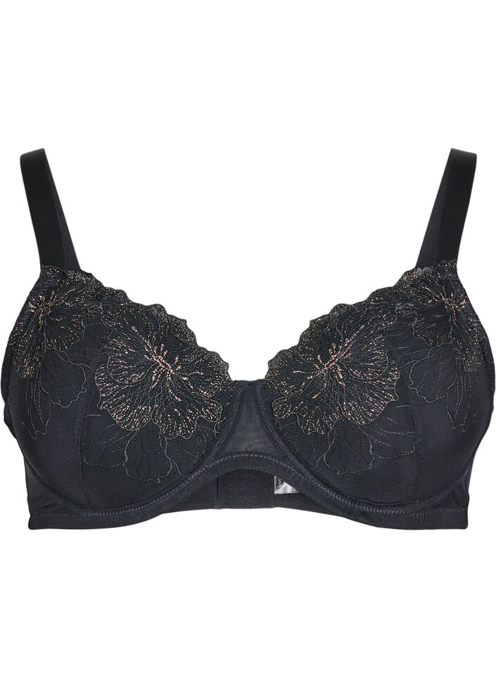 Padded bra with shiny embroidered detail, Black, Packshot image number 0