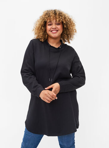 Long-sleeved tunic with drawstrings, Black, Model image number 0