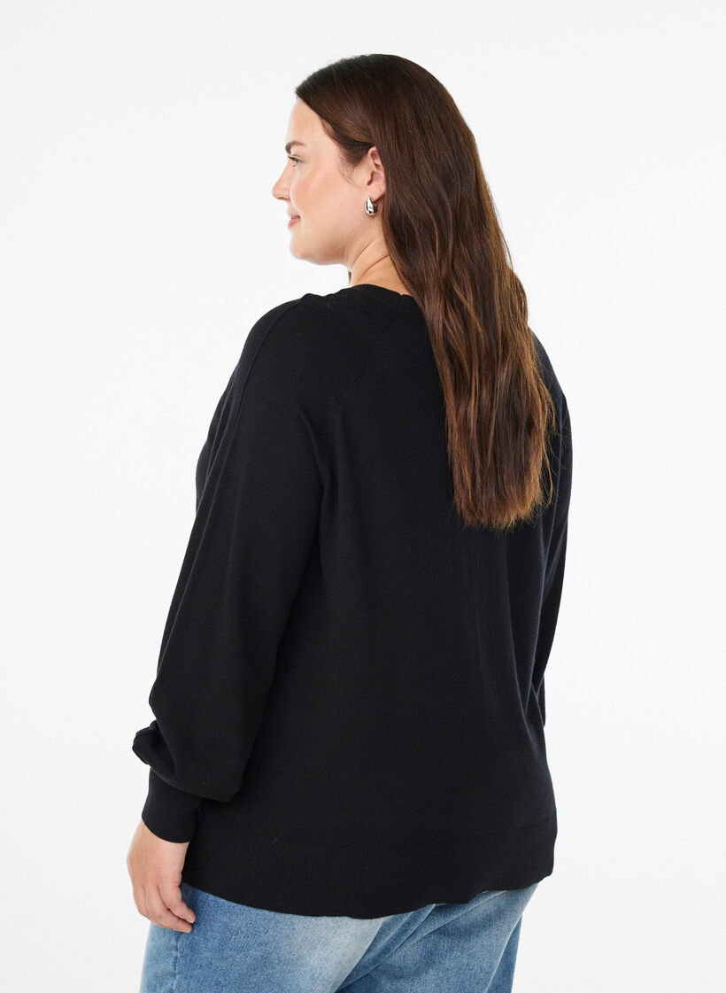 Knit blouse with centre seam and raglan sleeves, Black, Model image number 2