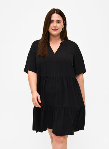 Short sleeve dress with a-line and cutlines, Black, Model image number 0