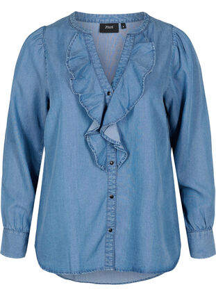 Long-sleeved shirt with v-neck and ruffle details, Blue denim, Packshot image number 0