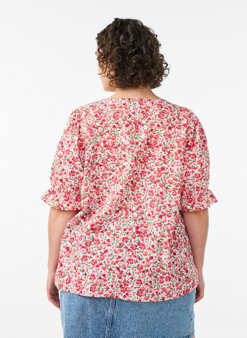 Cotton blouse with a square neckline, Red, Model image number 2