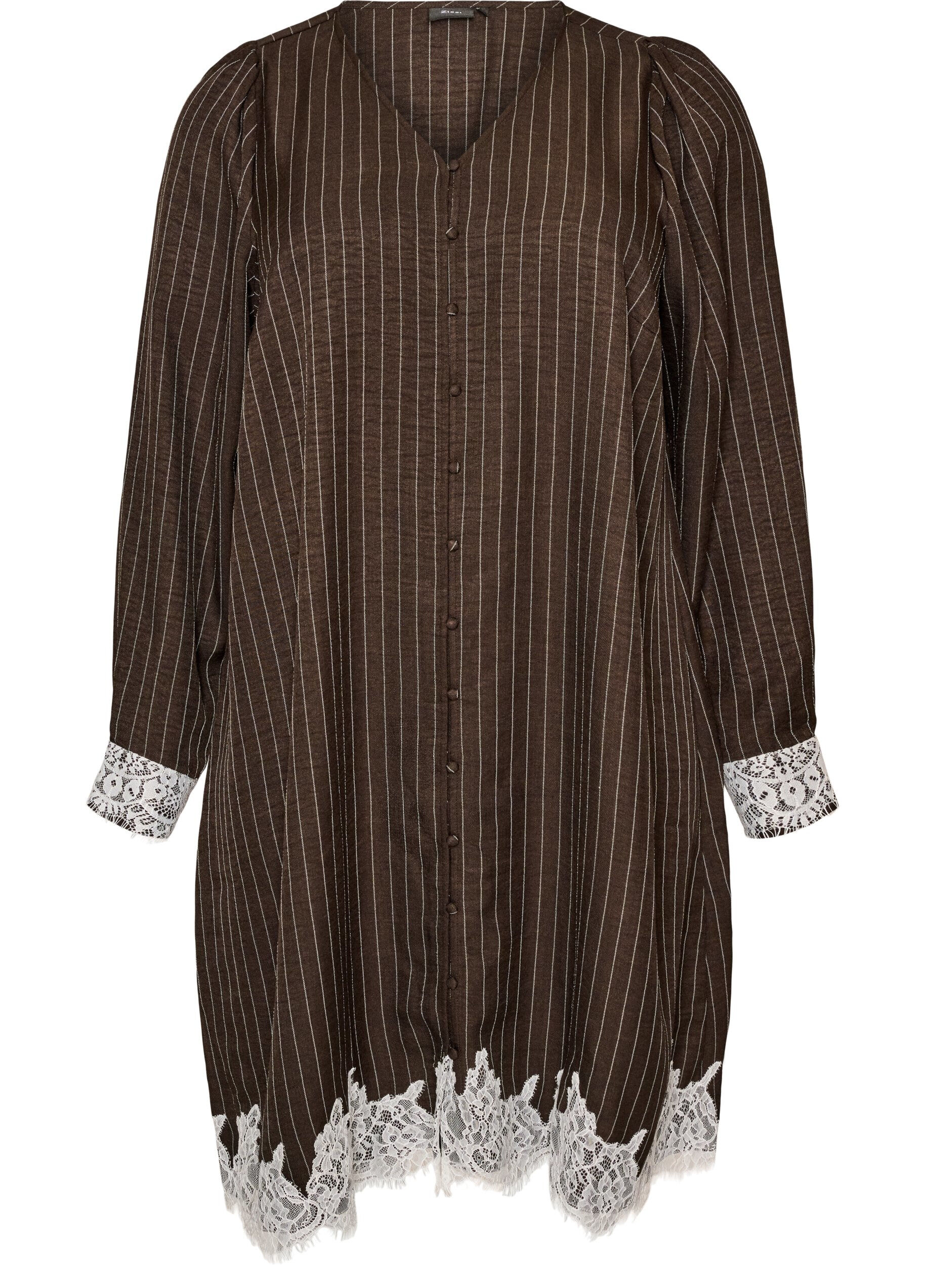 Knee-length dress with pinstripes and lace trim