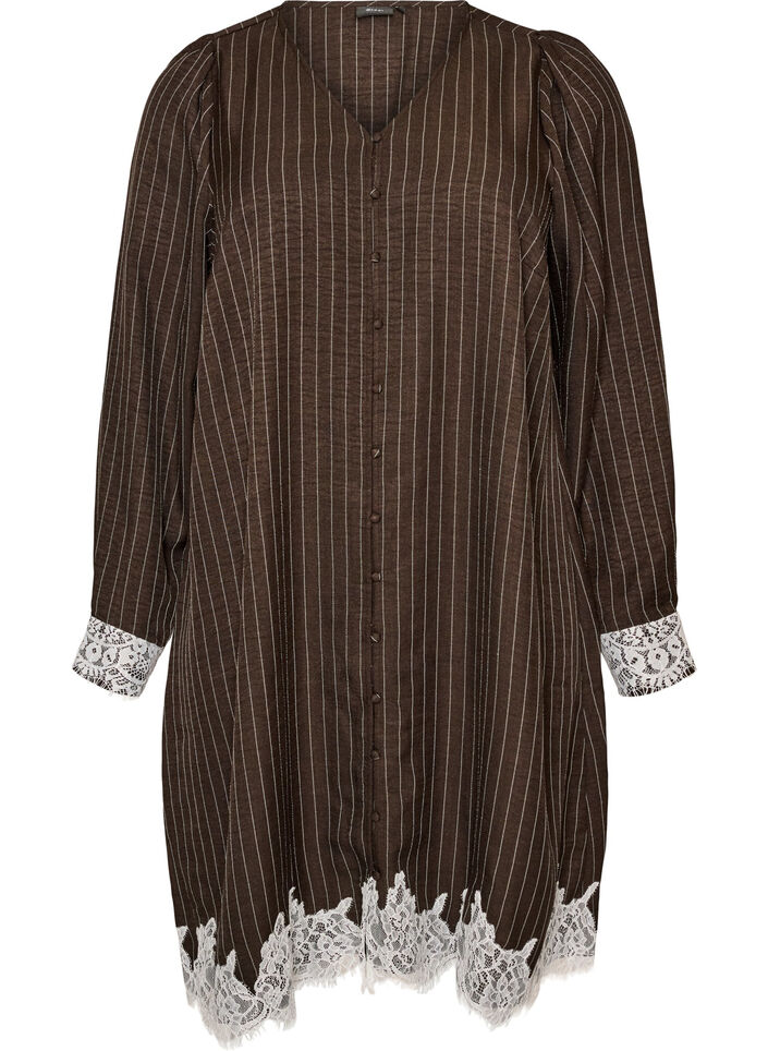 Knee-length dress with pinstripes and lace trim, Brown, Packshot image number 0