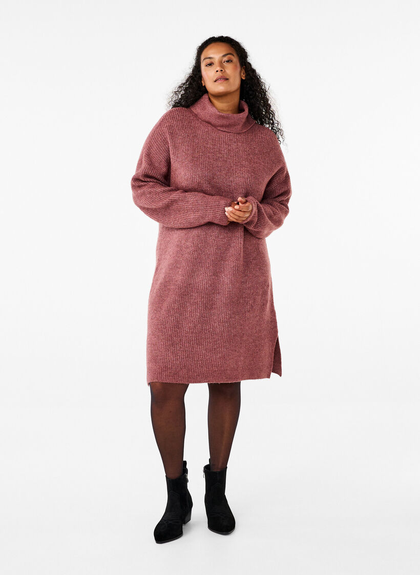 FLASH - Knitted dress with turtleneck, Red, Model image number 1