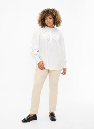 Blouse with ruffles and broderie anglaise, Bright White, Model image number 2
