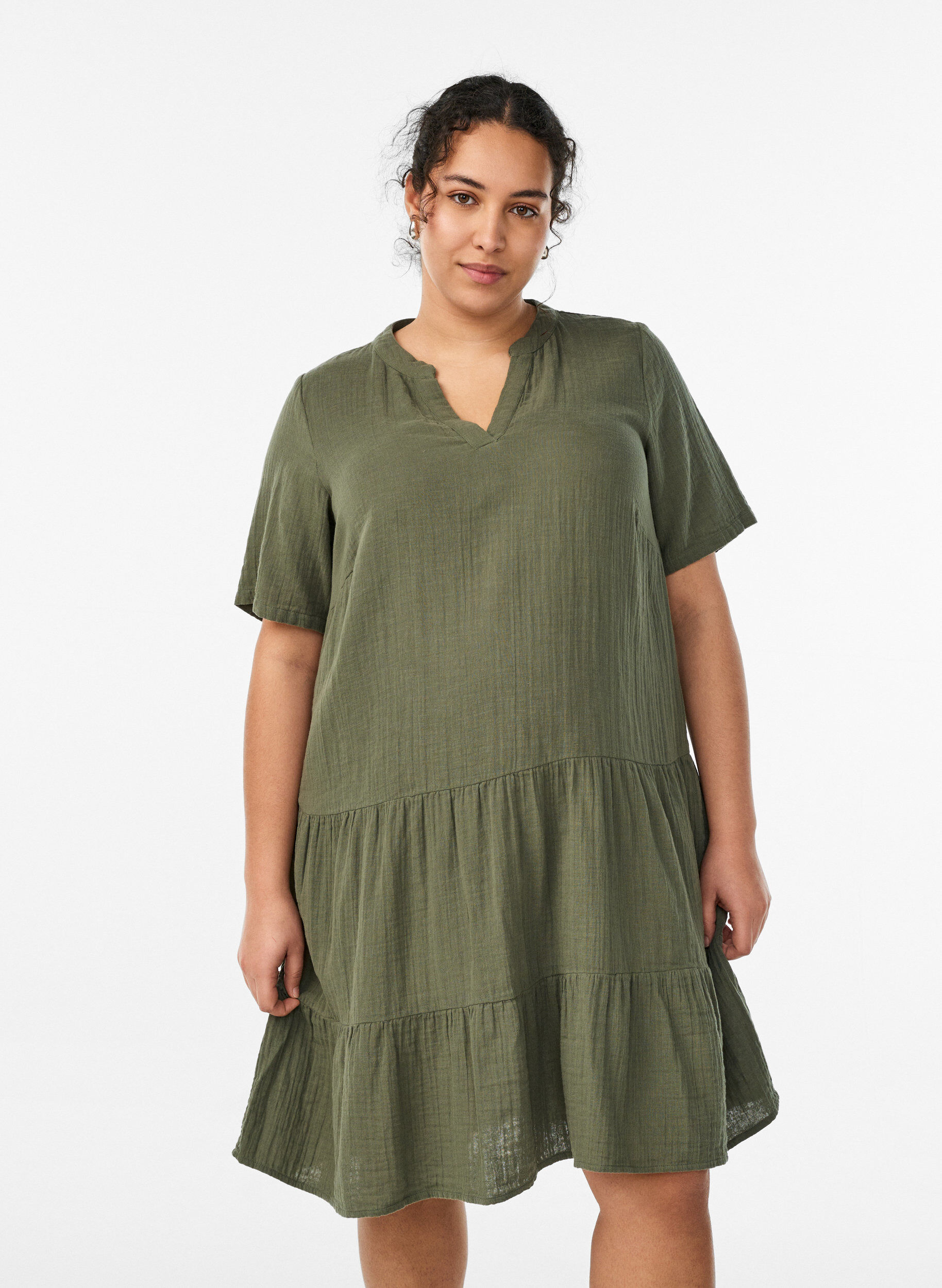 Short A-line dress in cotton muslin, Green, Model