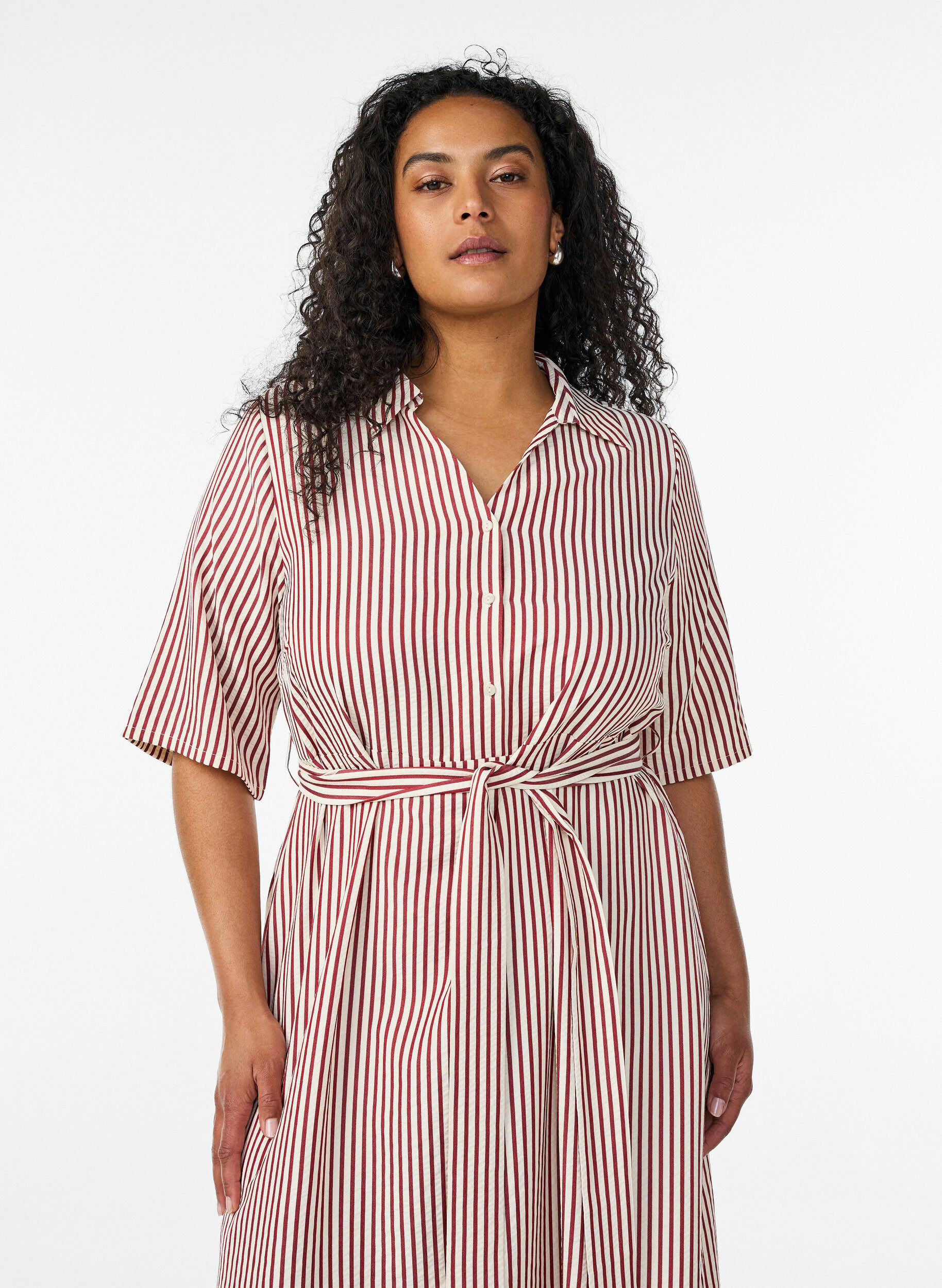 ZizzifashionAnkle-length shirt dress with tie belt and stripes, Red, Model image number 2