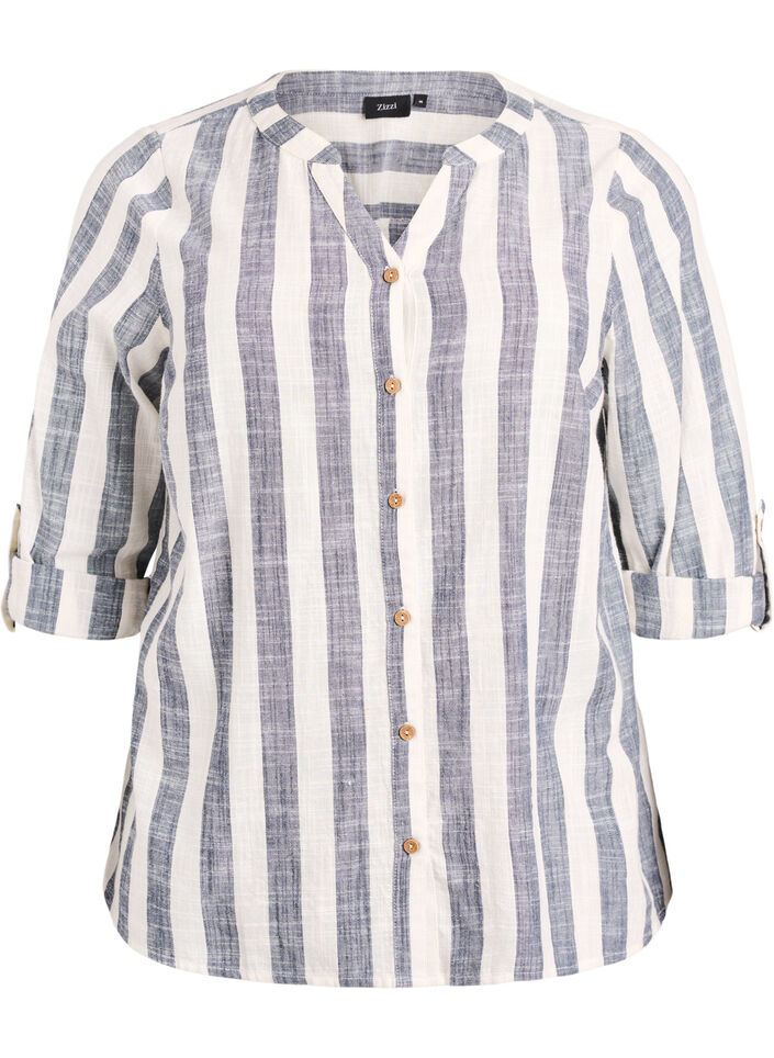 Cotton shirt blouse with V-neck, Blue, Packshot image number 0