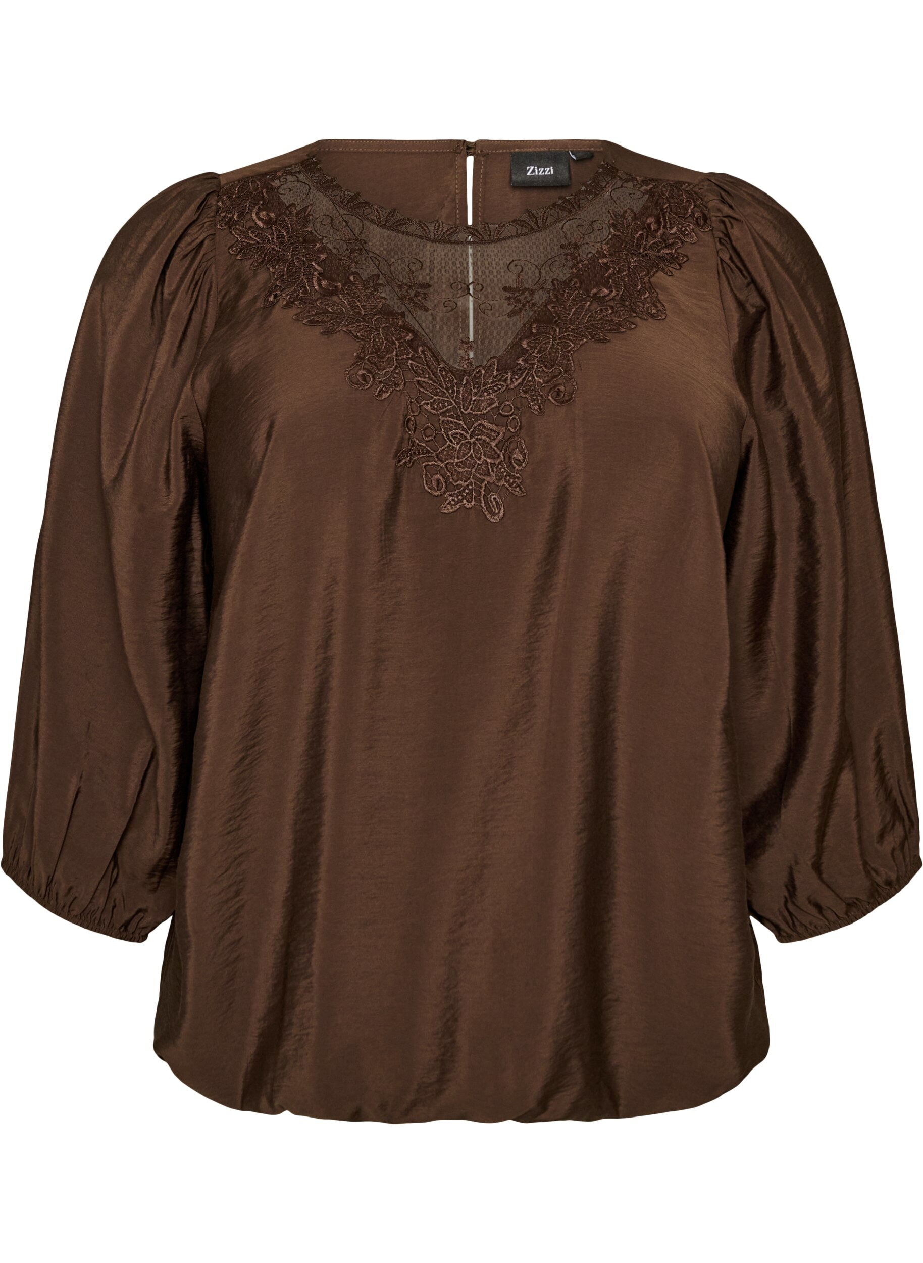 ZizzifashionBlouse with 3/4 sleeves and lace details, Brown, Packshot image number 0
