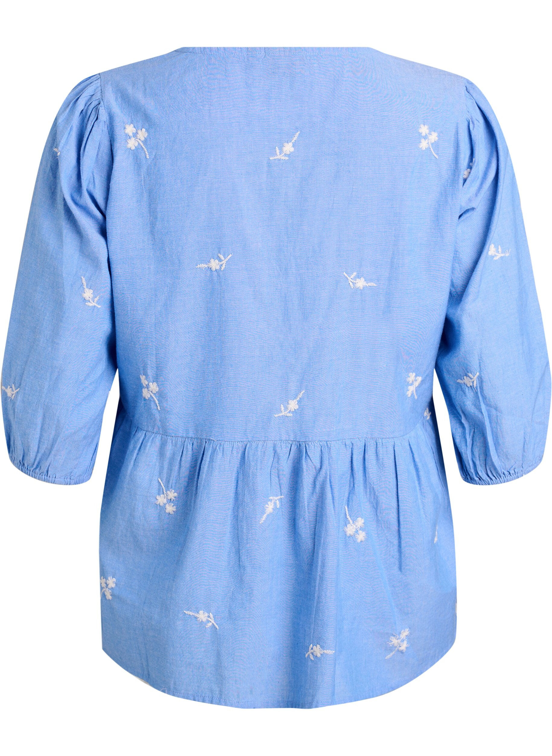 ZizzifashionCotton blouse with embroidered flowers and button fastening, Light Blue, Packshot image number 1