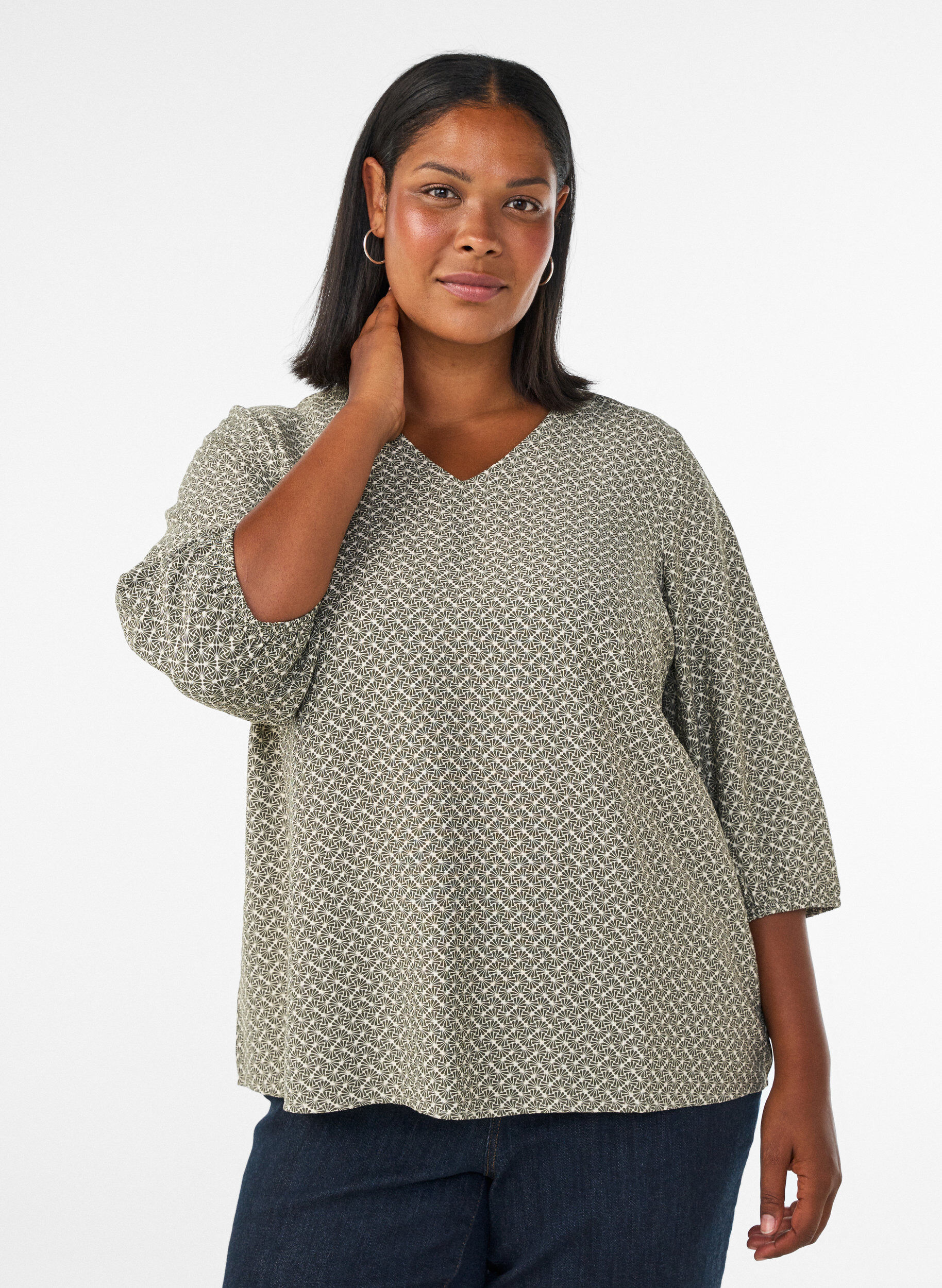 ZizzifashionPatterned viscose blouse with 3/4-sleeves, Green, Model image number 0