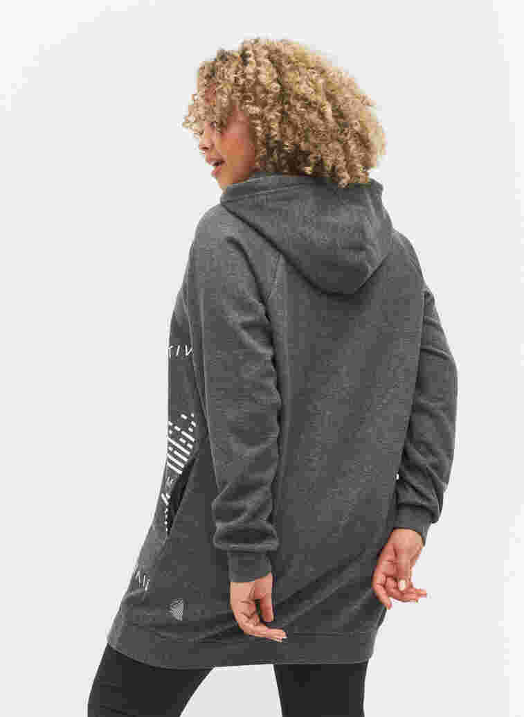 Long sweatshirt with a hood and print details, Dark Grey Melange, Model image number 1