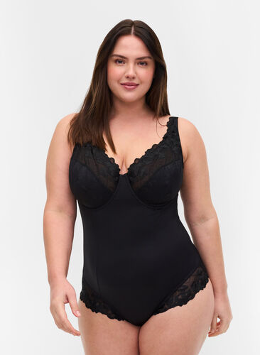 Bodysuit with lade details and underwire, Black, Model image number 0
