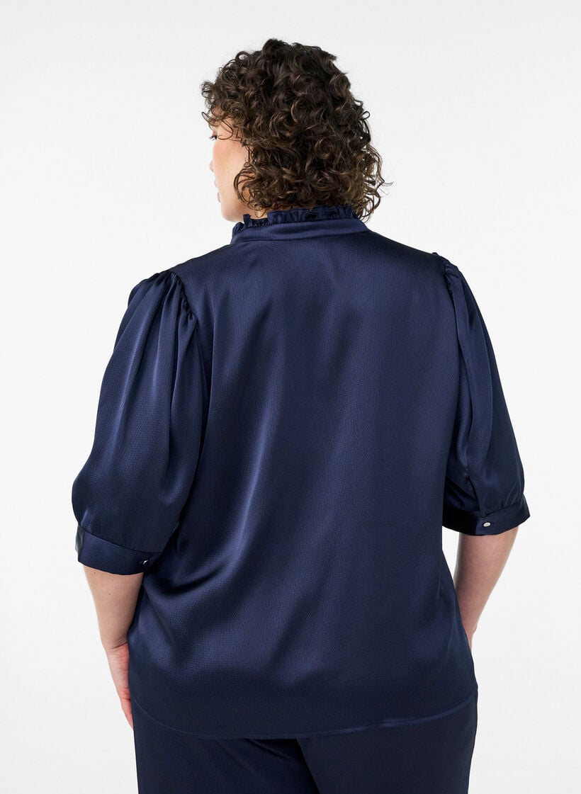 Satin-look blouse with 1/2 sleeves and a ruffle collar, Blue, Model image number 2