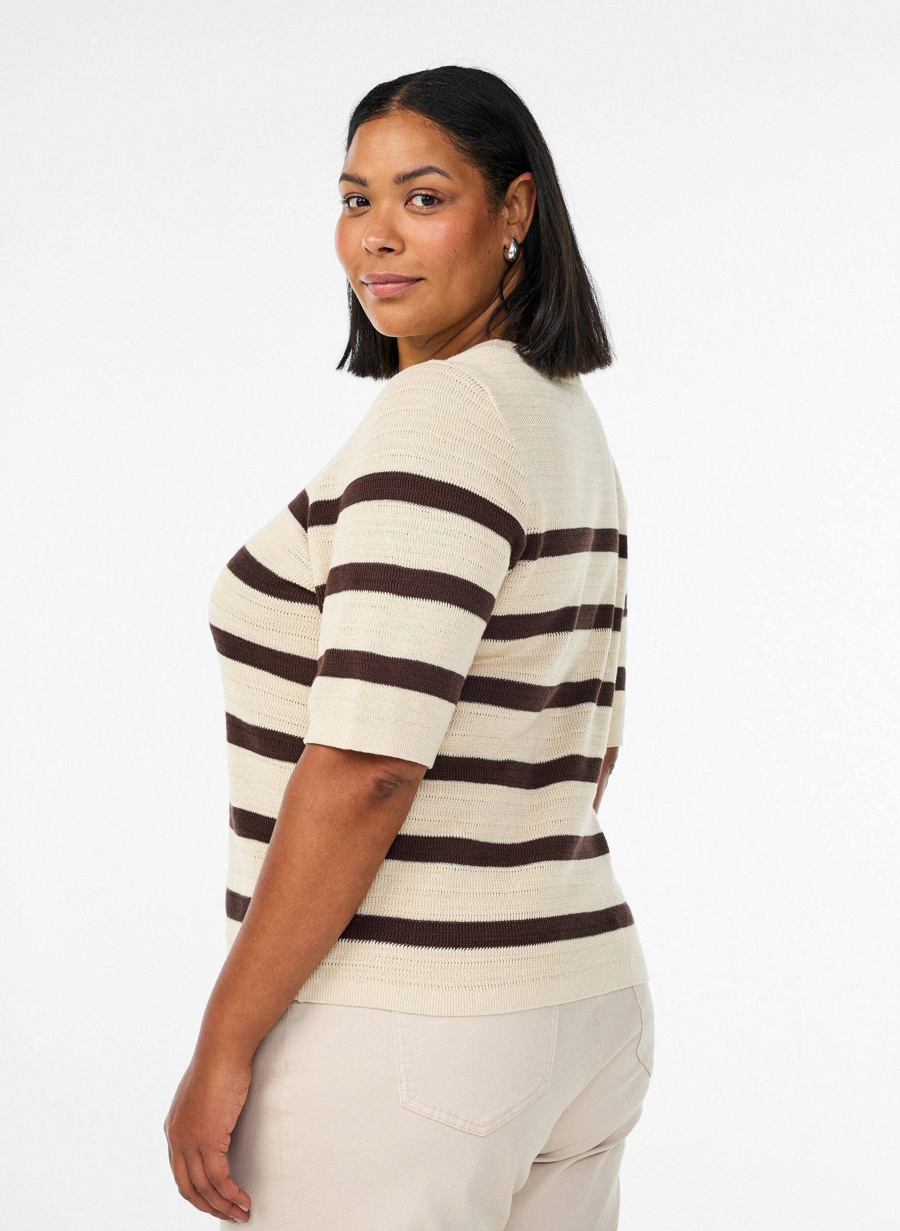 Zizzifashion Knitted blouse with stripes and short sleeves, Vanilla, Model image number 2