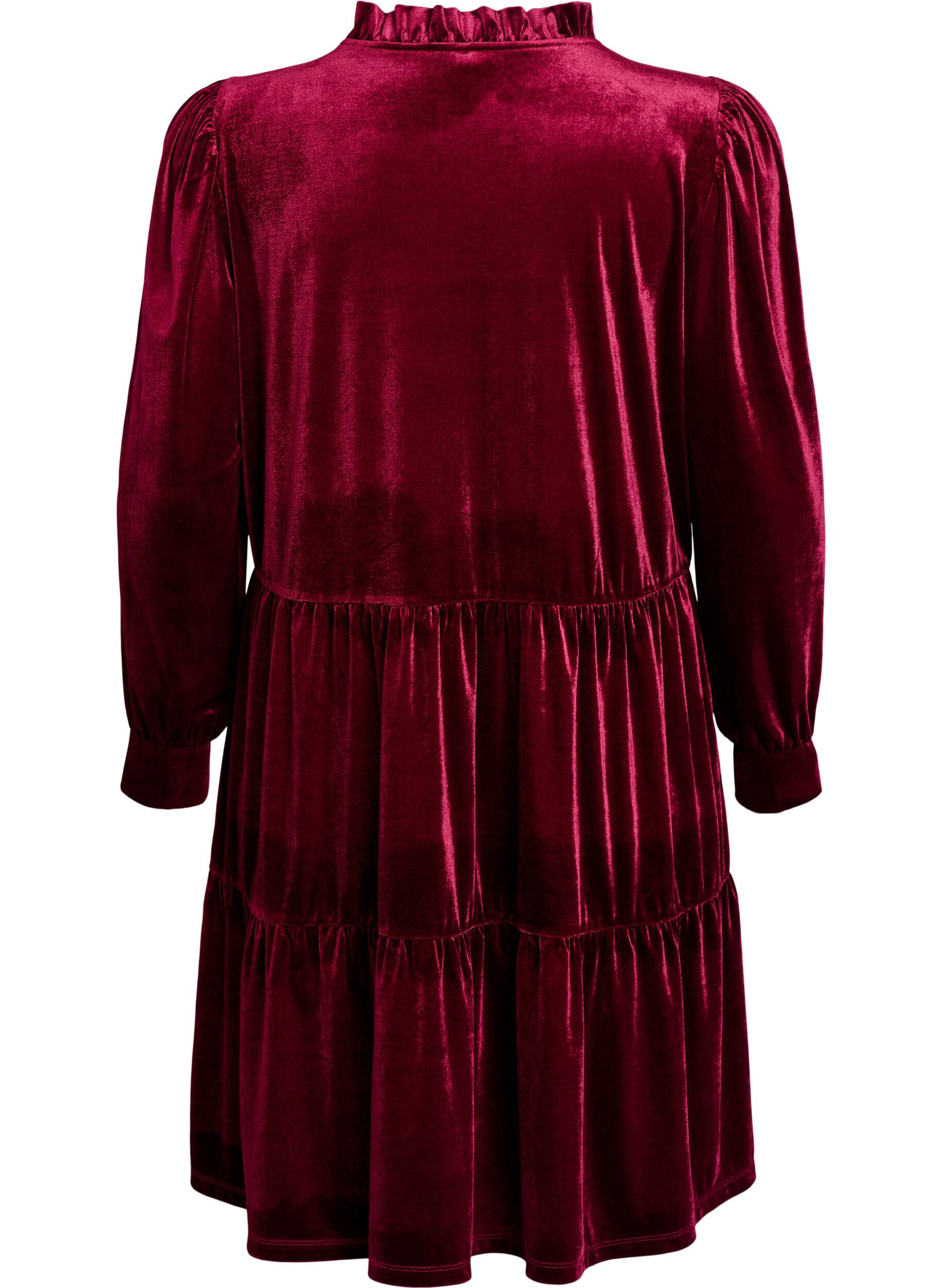 Zizzifashion Short velour dress with a ruffle collar and long sleeves, Red, Packshot image number 1