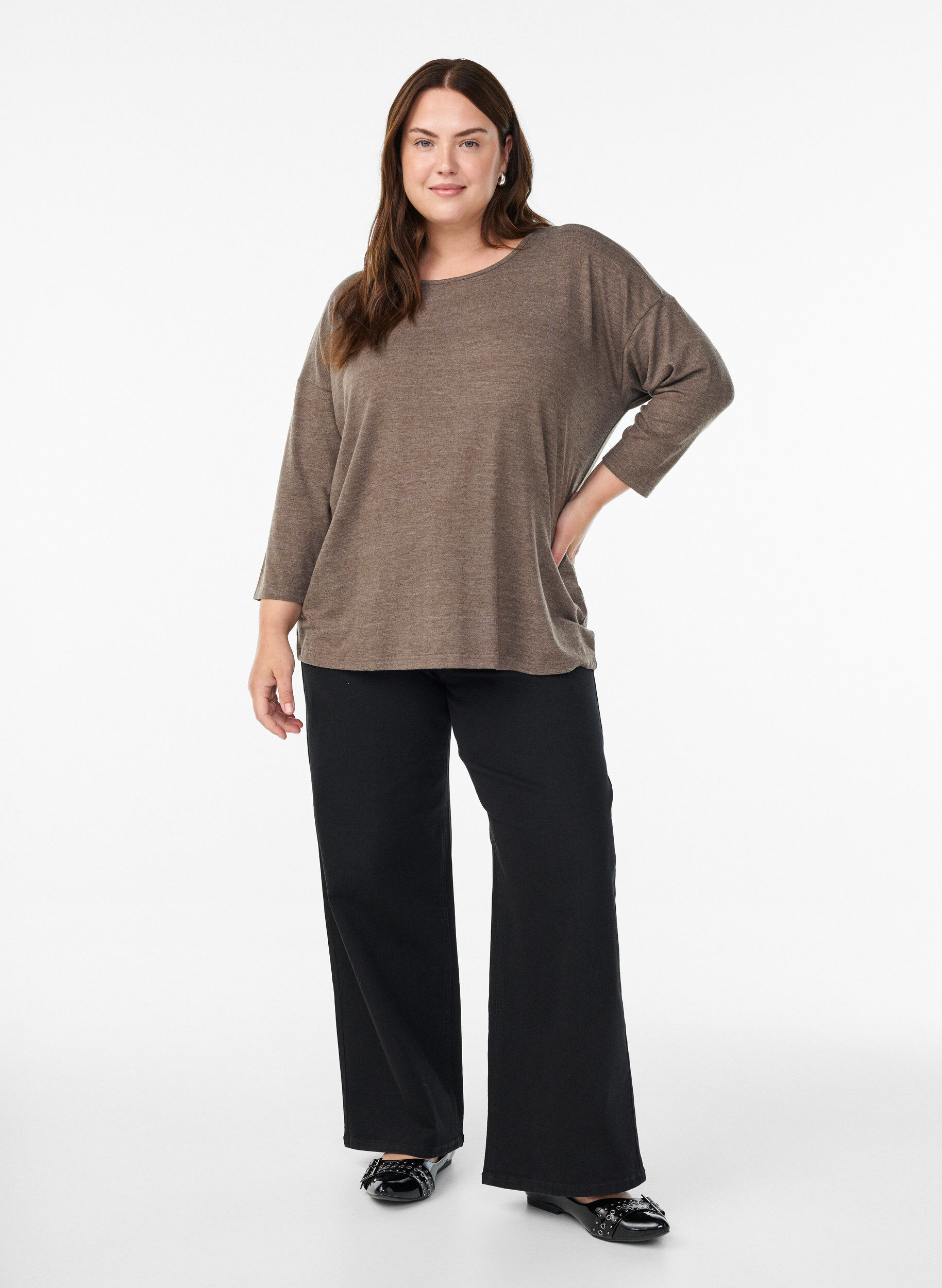 ZizzifashionJersey blouse with 3/4 sleeves, Brown, Model image number 1