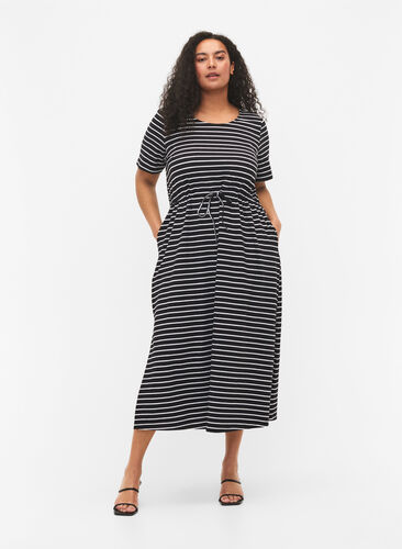 Striped midi dress in cotton with short sleeves, Black Stripe, Model image number 0