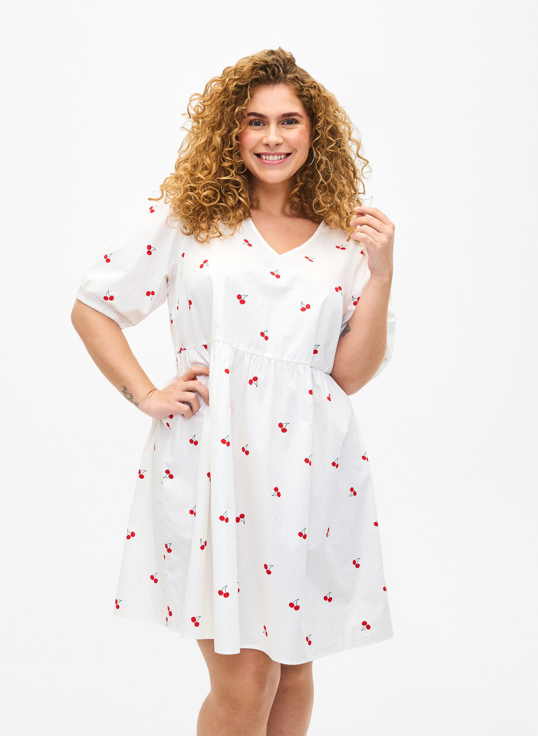Zizzifashion Dress with cherry print and a-shape, B. White/Cherry, Model image number 0
