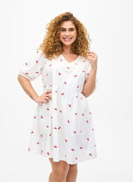 Dress with cherry print and a-shape, B. White/Cherry, Model