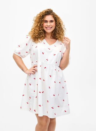 Dress with cherry print and a-shape, B. White/Cherry, Model image number 0