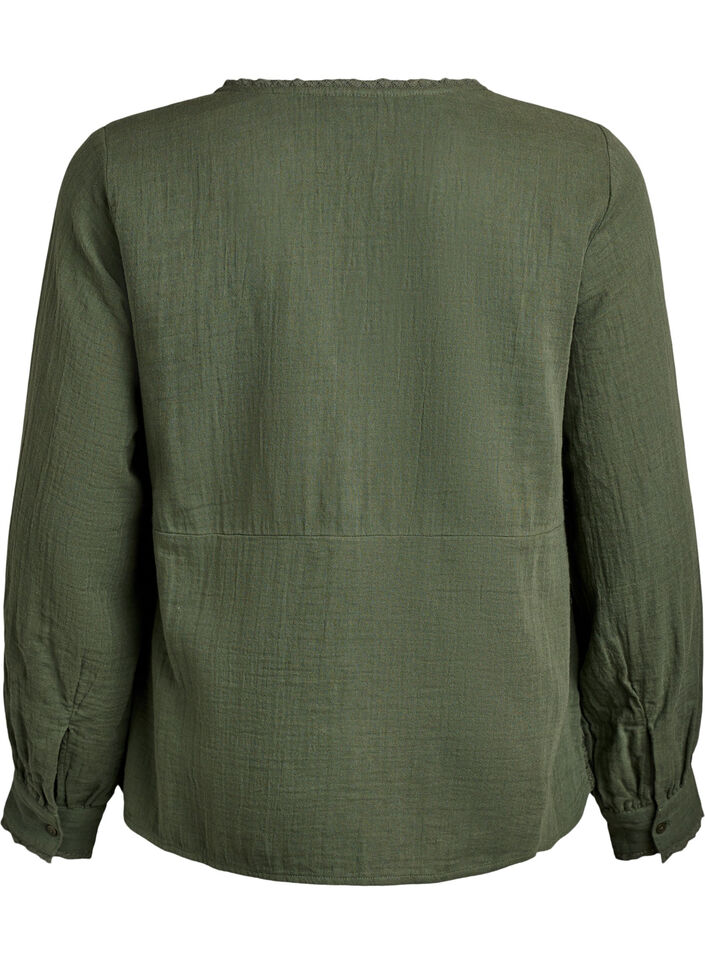 Cotton muslin shirt blouse with crochet details, Green, Packshot image number 1