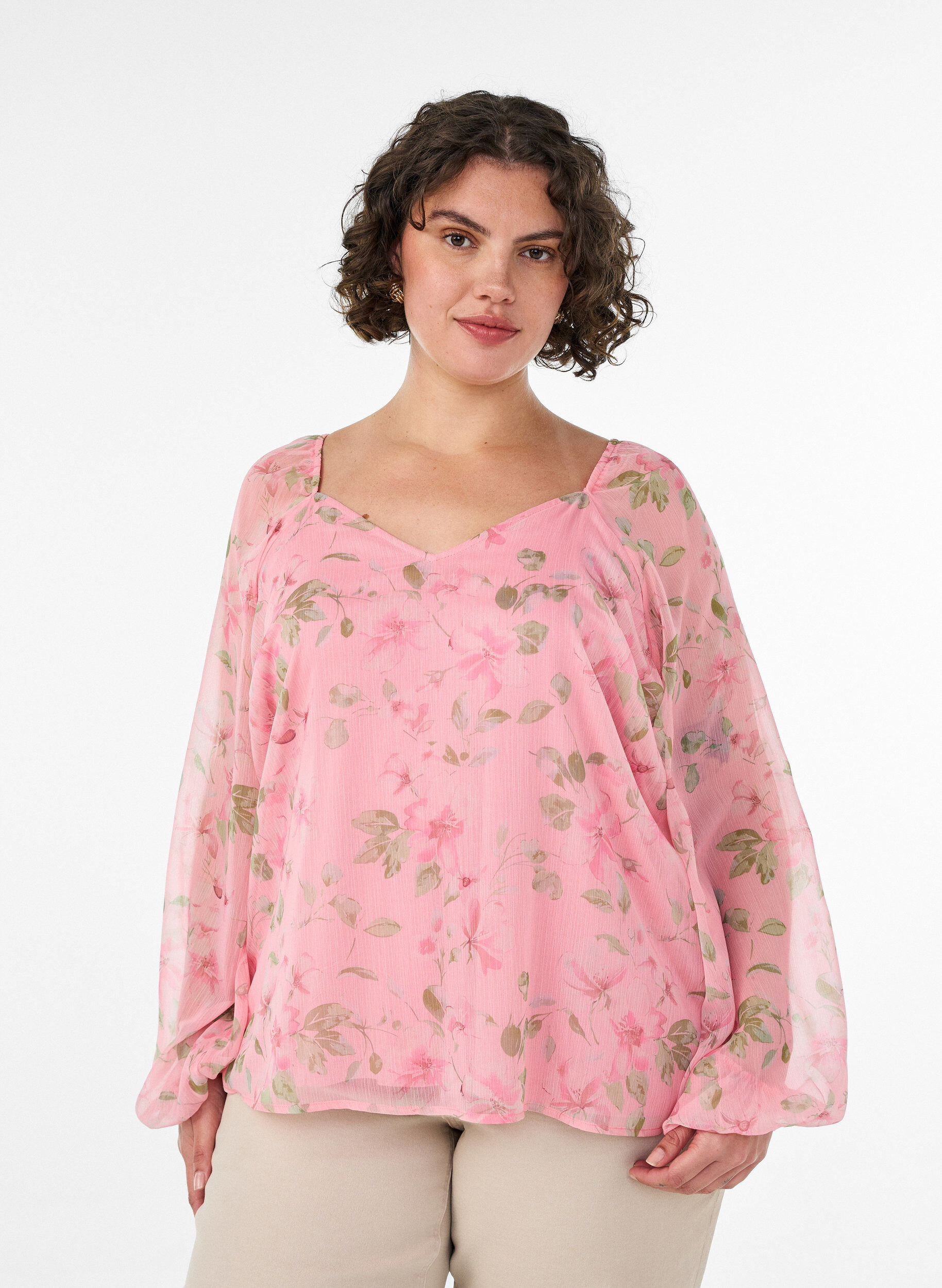 ZizzifashionChiffon blouse with floral print and long sleeves, Rose, Model image number 0