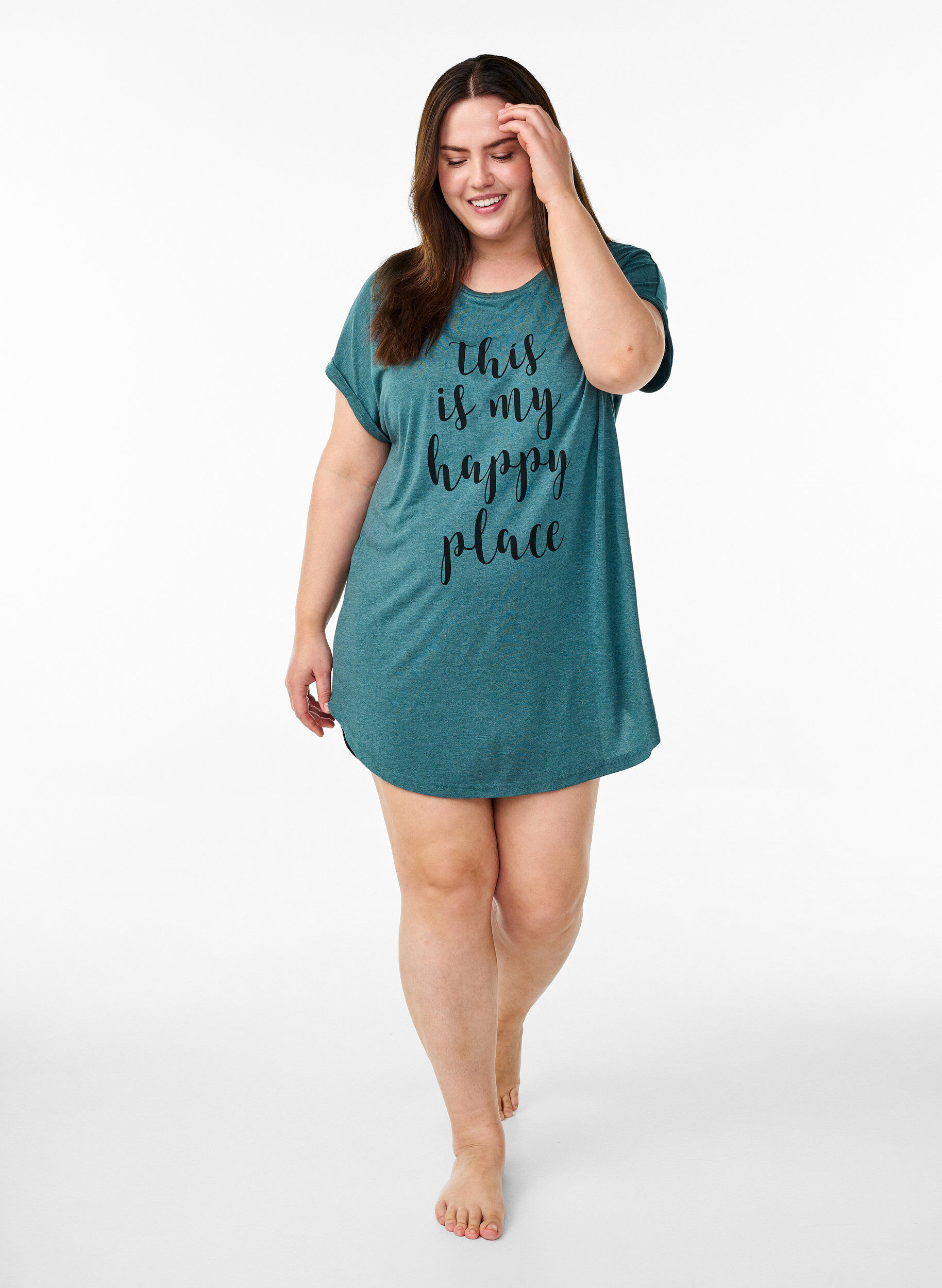 ZizzifashionShort sleeve nightgown with text print, Green, Model image number 1