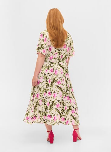 Buttoned down midi dress in viscose, Green Pink AOP, Model image number 1