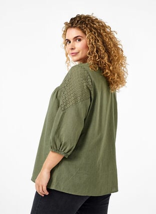 Blouse in a cotton mix with linen and crochet detail, Deep Lichen Green, Model image number 1