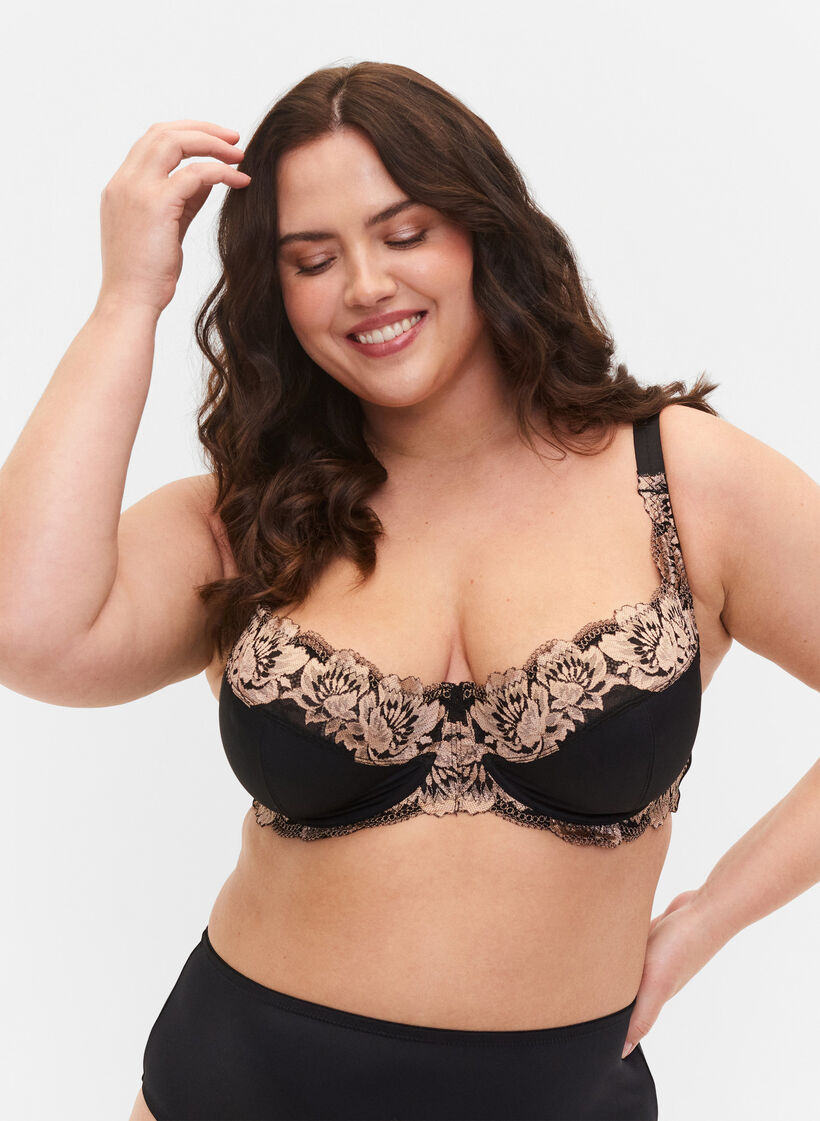 Balconette underwire lace bra, Black, Model image number 0
