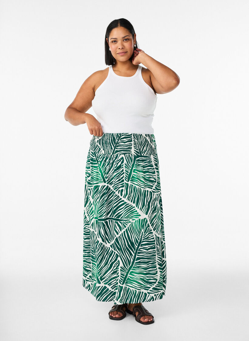 Viscose maxi skirt with smocking, Green, Model image number 0