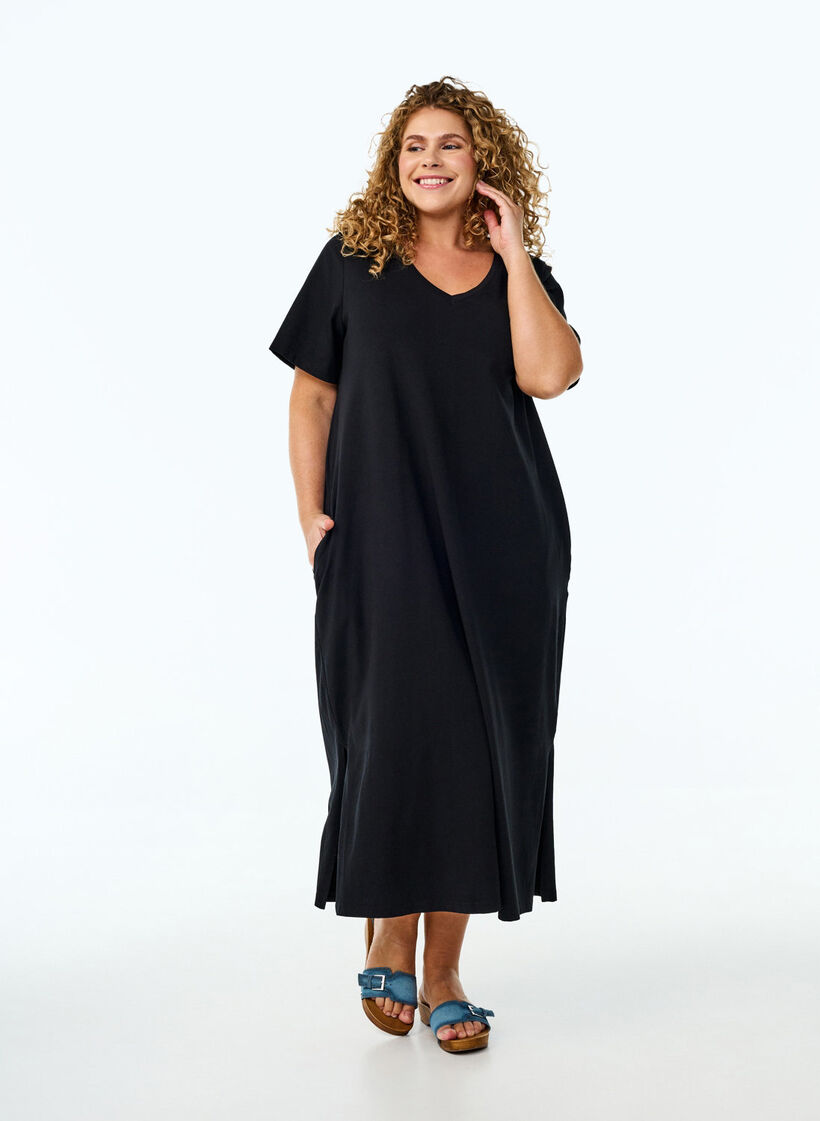 Midi T-shirt dress with a V-neck, Black, Model image number 1