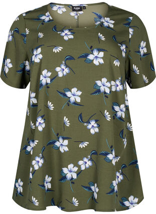 FLASH - Blouse with short sleeves and print, Olive Night Flower, Packshot image number 0