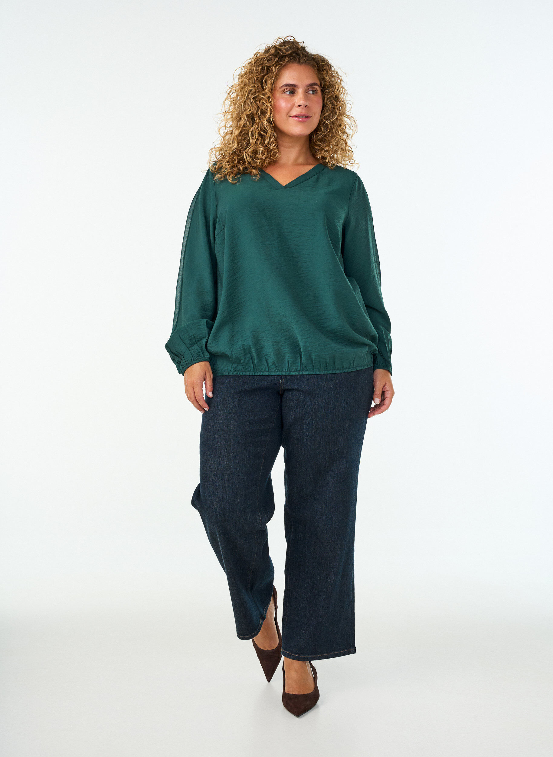 ZizzifashionBlouse with balloon effect and chiffon details, Green, Model image number 1